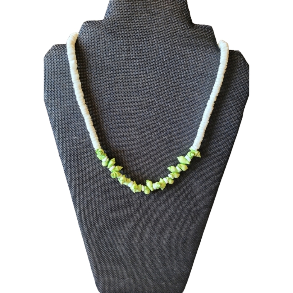 Puka Shell 18" Necklace White with Green Conch Shell Accents Adjustable Vintage